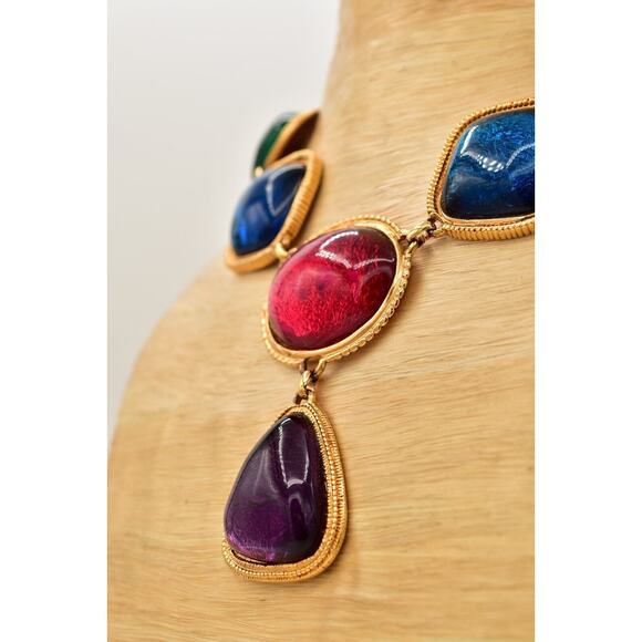 KJL Avon Cabochon Necklace Bib Multicolor Gripoix Jelly Gold Chunky Signed BinAU - Picture 10 of 12